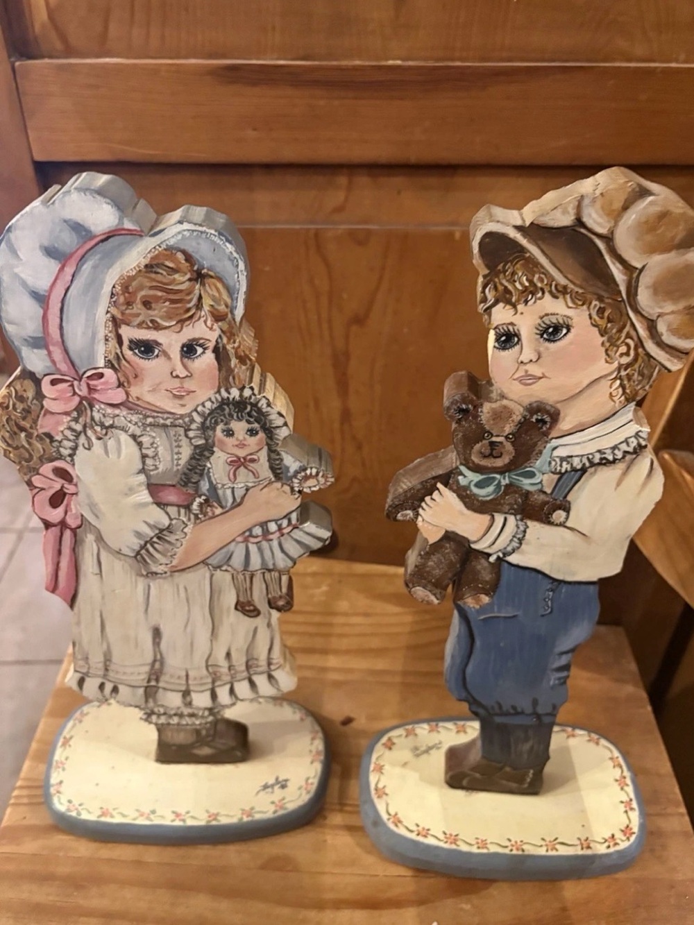 Hand-Painted Wooden Victorian Children Figurines - Blue, Pink, Cream